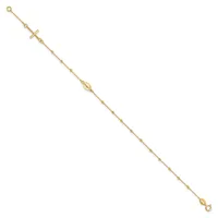 A gold-toned delicate chain bracelet with a small cross charm and oval bead accent, featuring a circular loop clasp at each end.