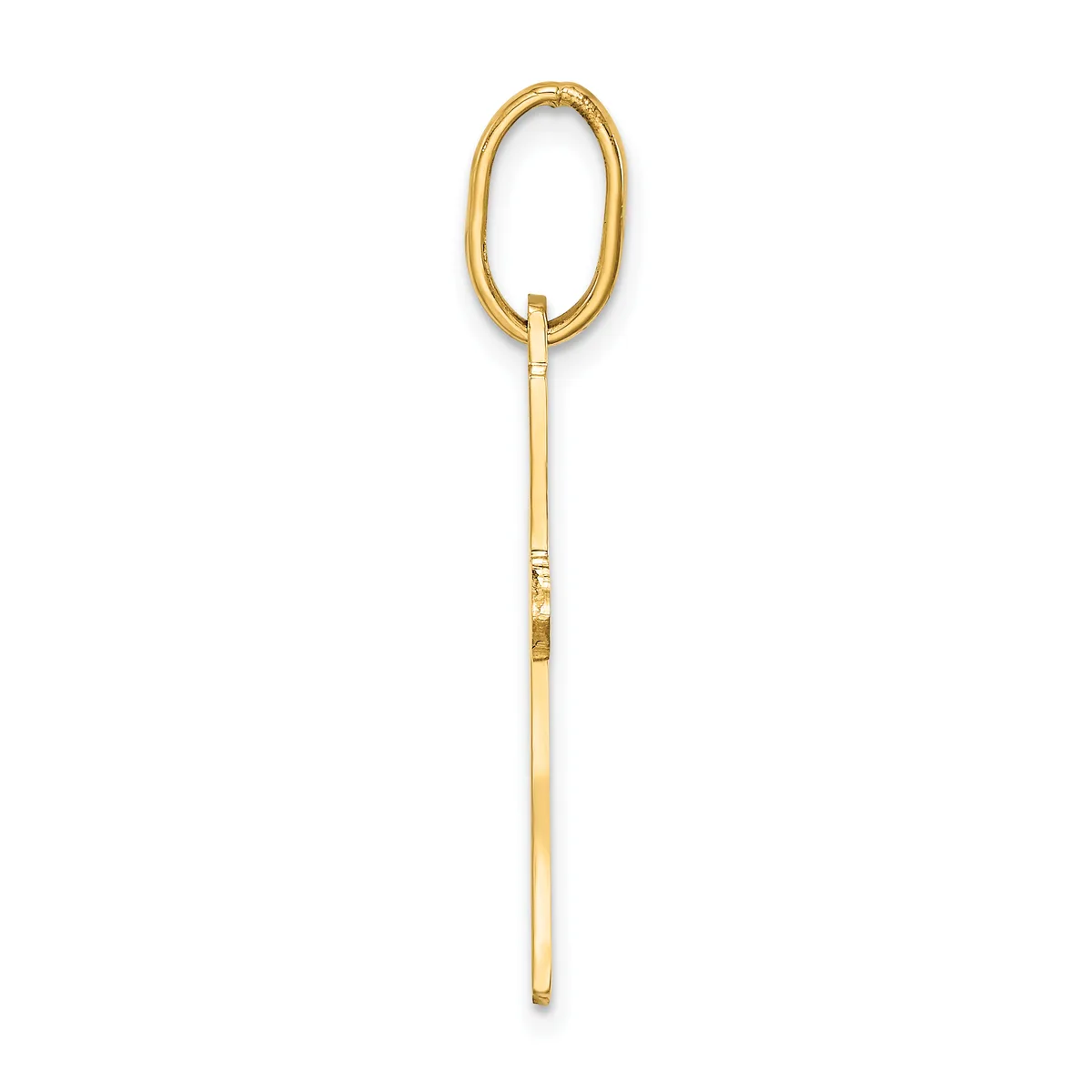 A long gold pendant with an oval loop at the top and a straight stem below, shown against a white background.