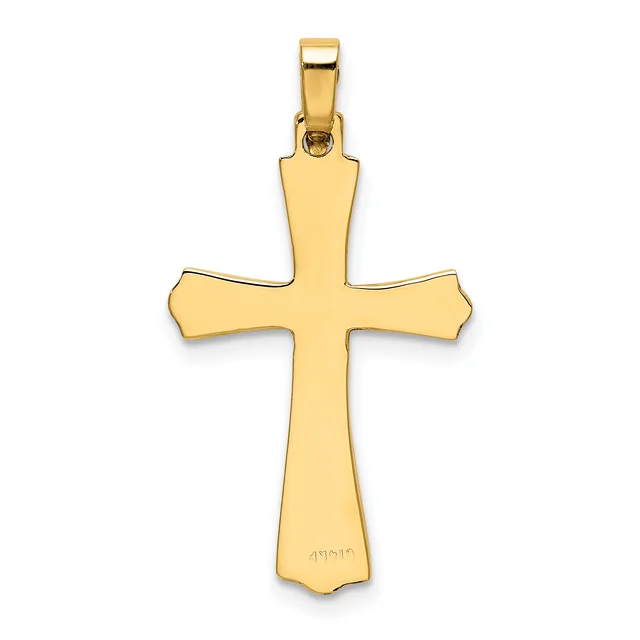 A polished gold cross pendant with flared ends and a small loop bail at the top, shown against a white background.