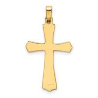 A polished gold cross pendant with flared ends and a small loop bail at the top, shown against a white background.