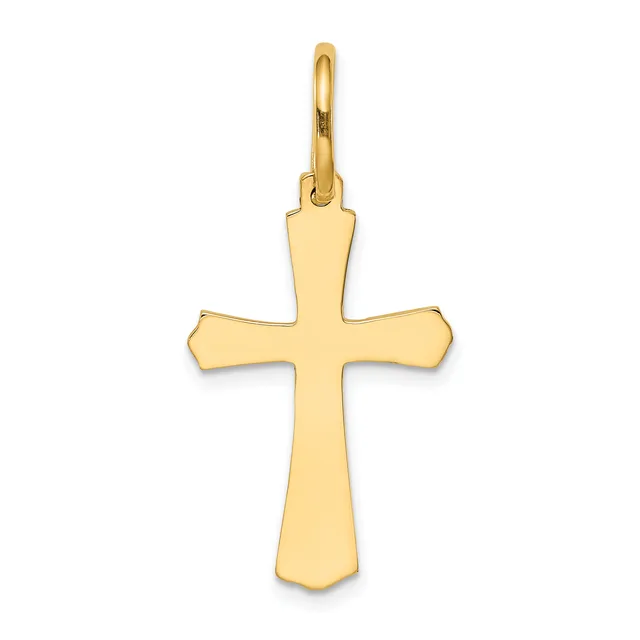 A polished gold cross pendant with rounded arm ends and a small loop at the top for hanging.