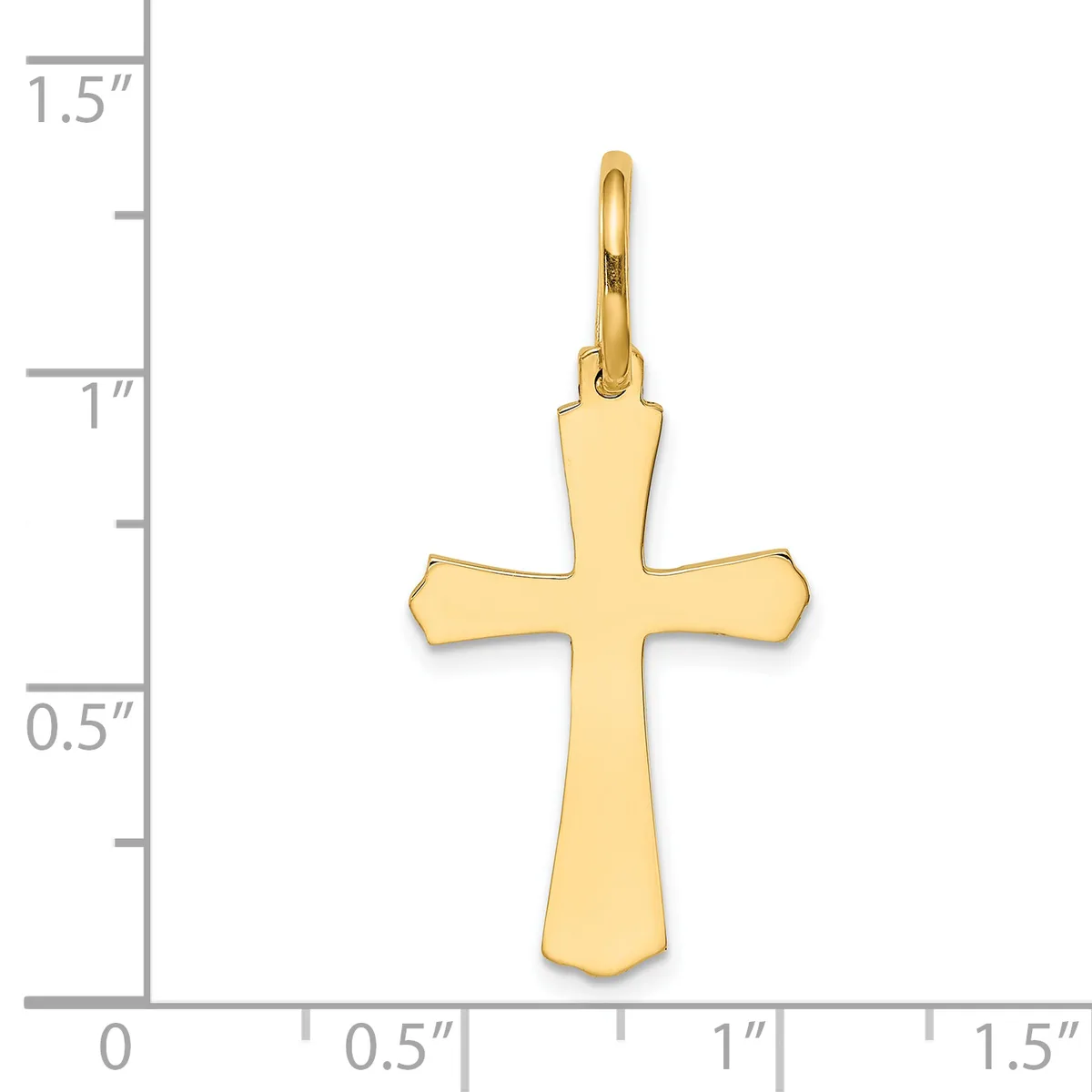 A gold cross pendant shown against a measurement scale, approximately one inch wide and one and a quarter inches tall, with a polished finish and a loop at the top for hanging.