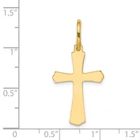 A gold cross pendant shown against a measurement scale, approximately one inch wide and one and a quarter inches tall, with a polished finish and a loop at the top for hanging.