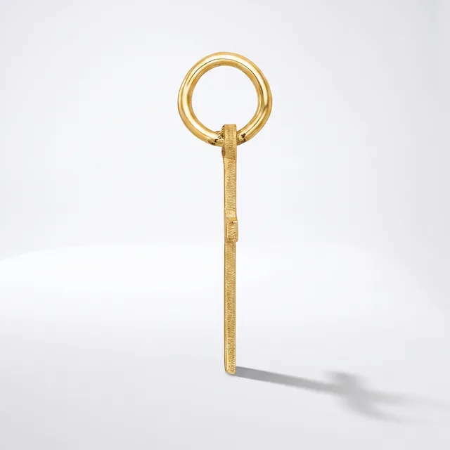 A gold-toned metal key with a circular loop handle at the top and a long rectangular shaft, shown against a white background.