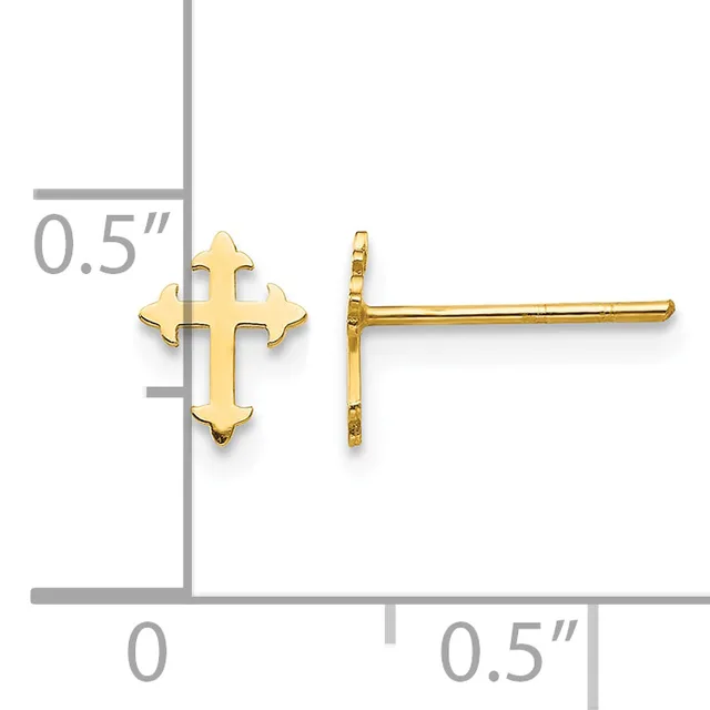 Gold-toned cross stud earrings with flared ends displayed next to a measurement ruler showing approximately 0.5 inches in height.