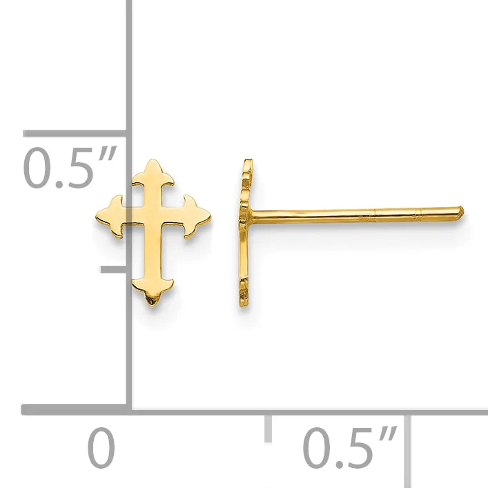 Gold-toned cross stud earrings with flared ends displayed next to a measurement ruler showing approximately 0.5 inches in height.
