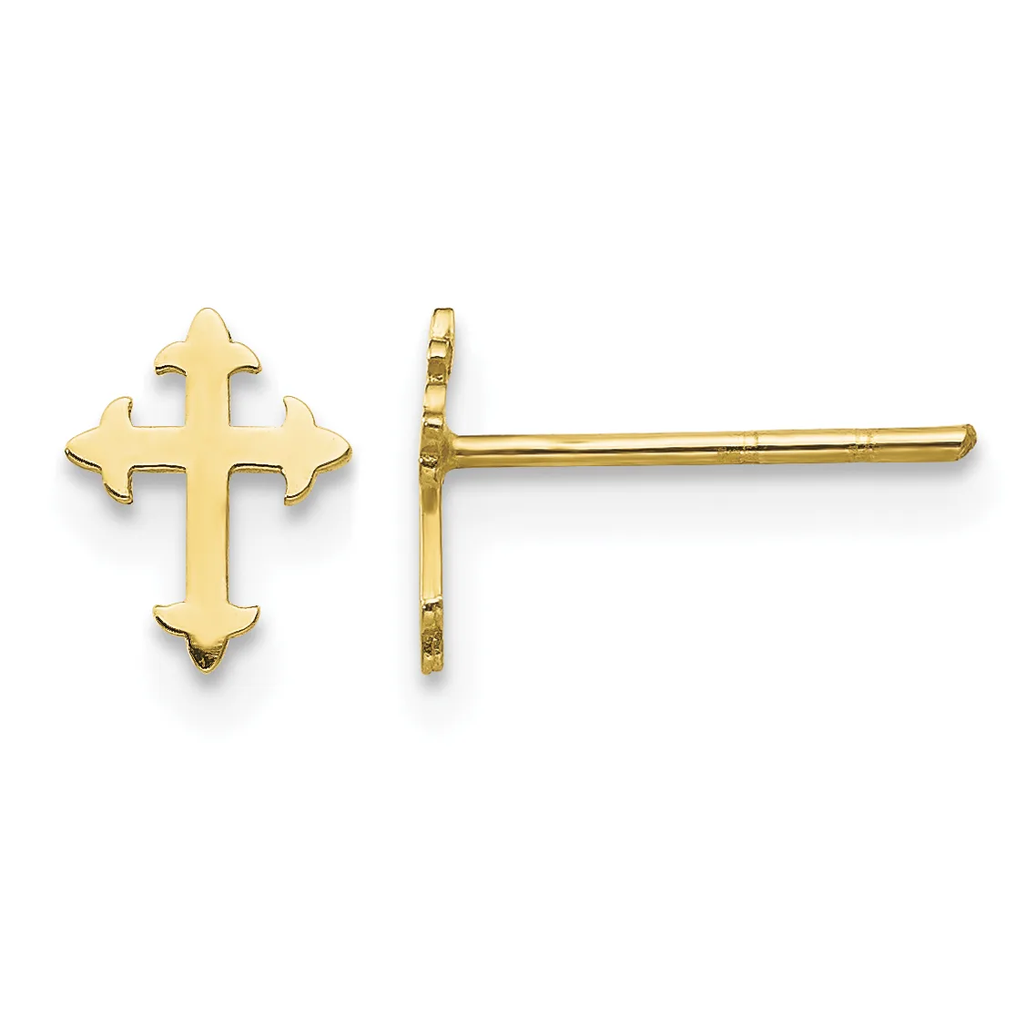 A pair of gold cross stud earrings shown from front and side views, featuring ornate flared ends and a polished finish.