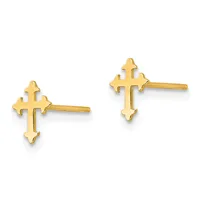 A pair of gold stud earrings with ornate cross designs featuring flared ends and cutout details, shown from the front view.