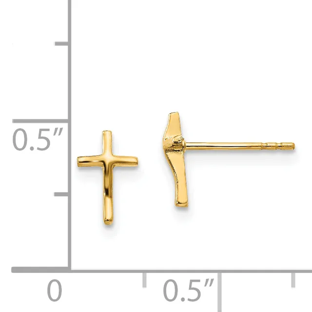 Two gold cross stud earrings shown front and side view next to a ruler indicating they are approximately 0.5 inches tall.