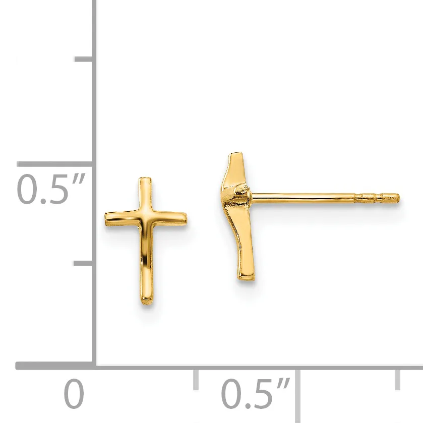 Two gold cross stud earrings shown front and side view next to a ruler indicating they are approximately 0.5 inches tall.