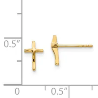 Two gold cross stud earrings shown front and side view next to a ruler indicating they are approximately 0.5 inches tall.