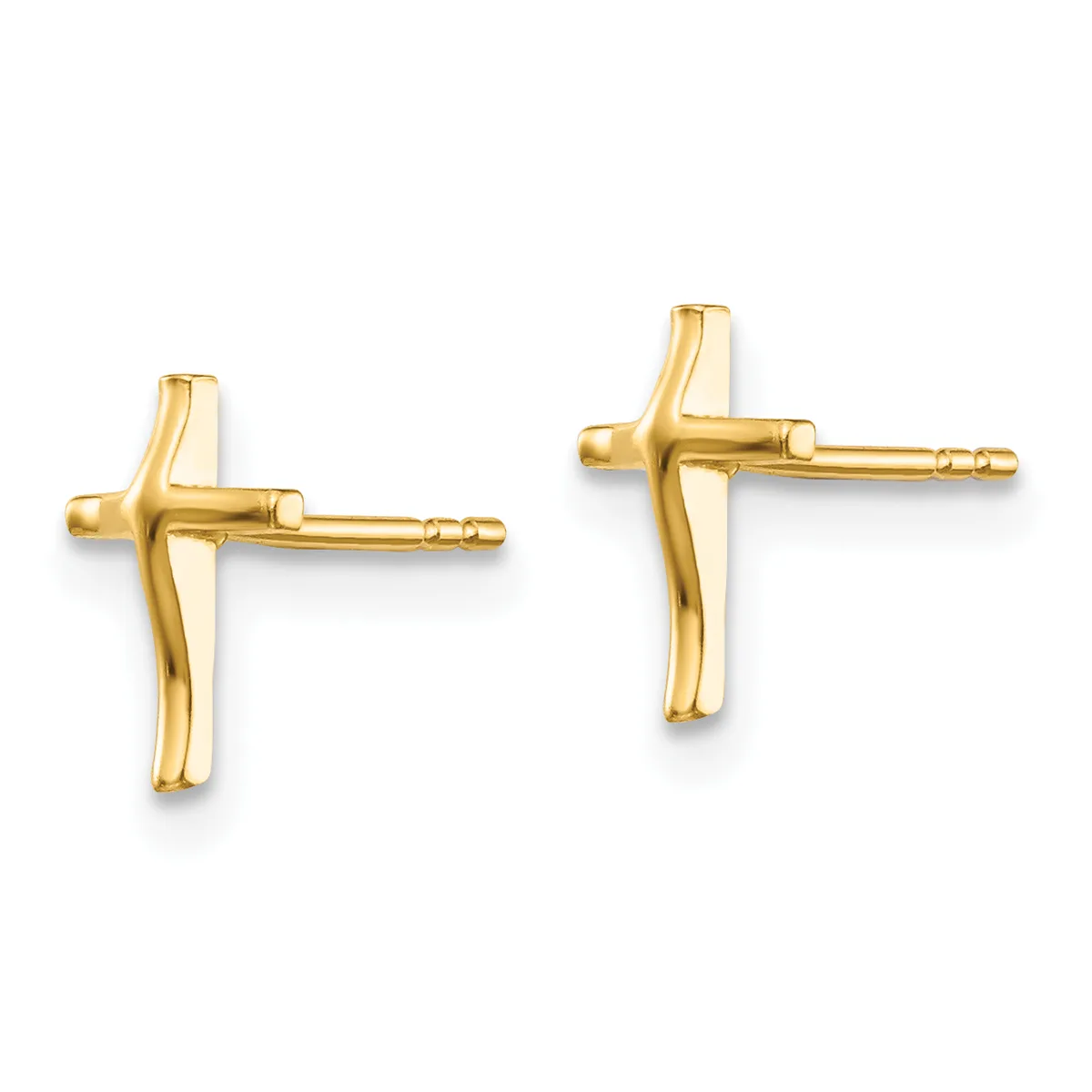 A pair of polished gold cross-shaped stud earrings with curved sides, shown from the front and back views against a white background.