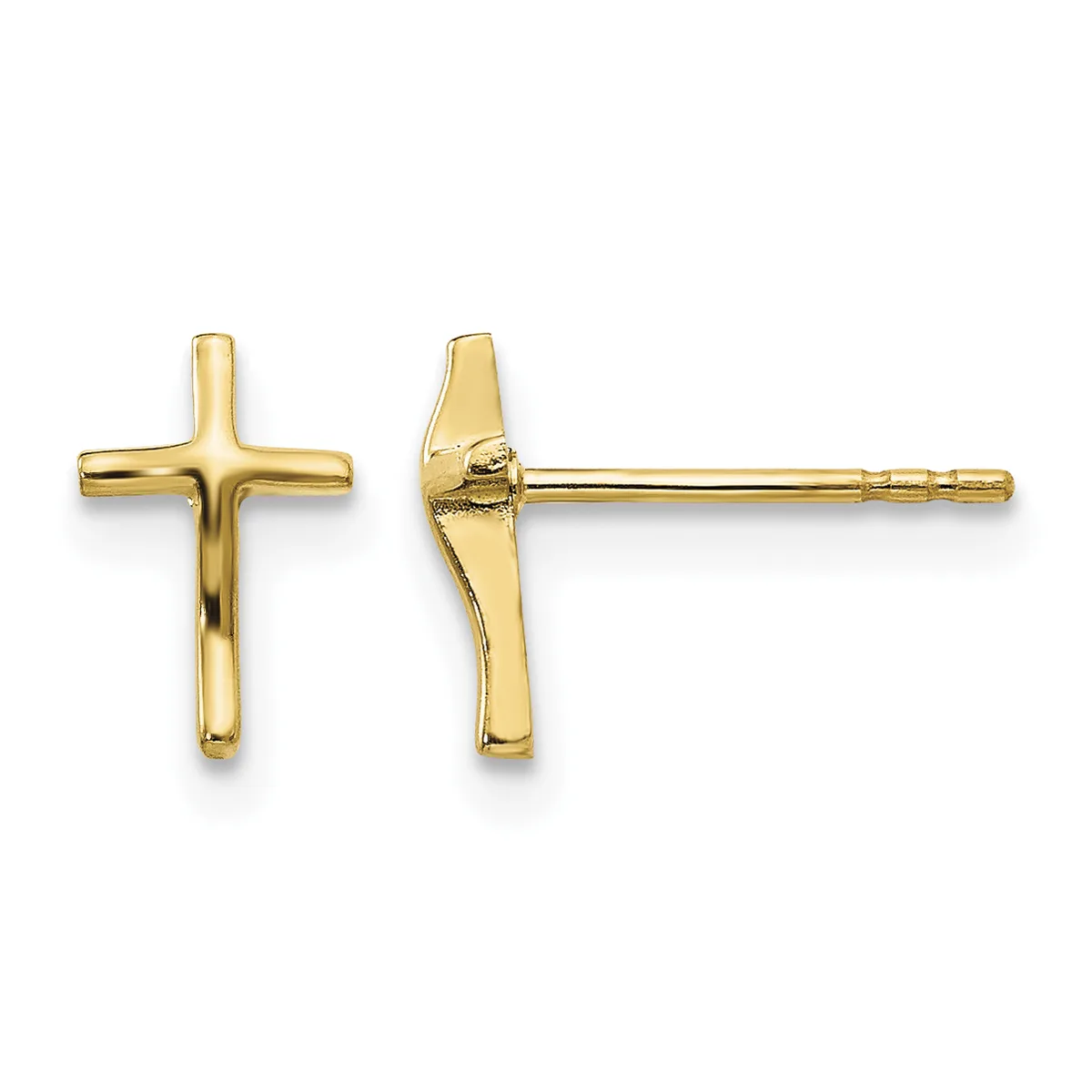 A pair of polished gold cross stud earrings shown from front and back views, with post and clutch closures.