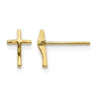 A pair of polished gold cross stud earrings shown from front and back views, with post and clutch closures.