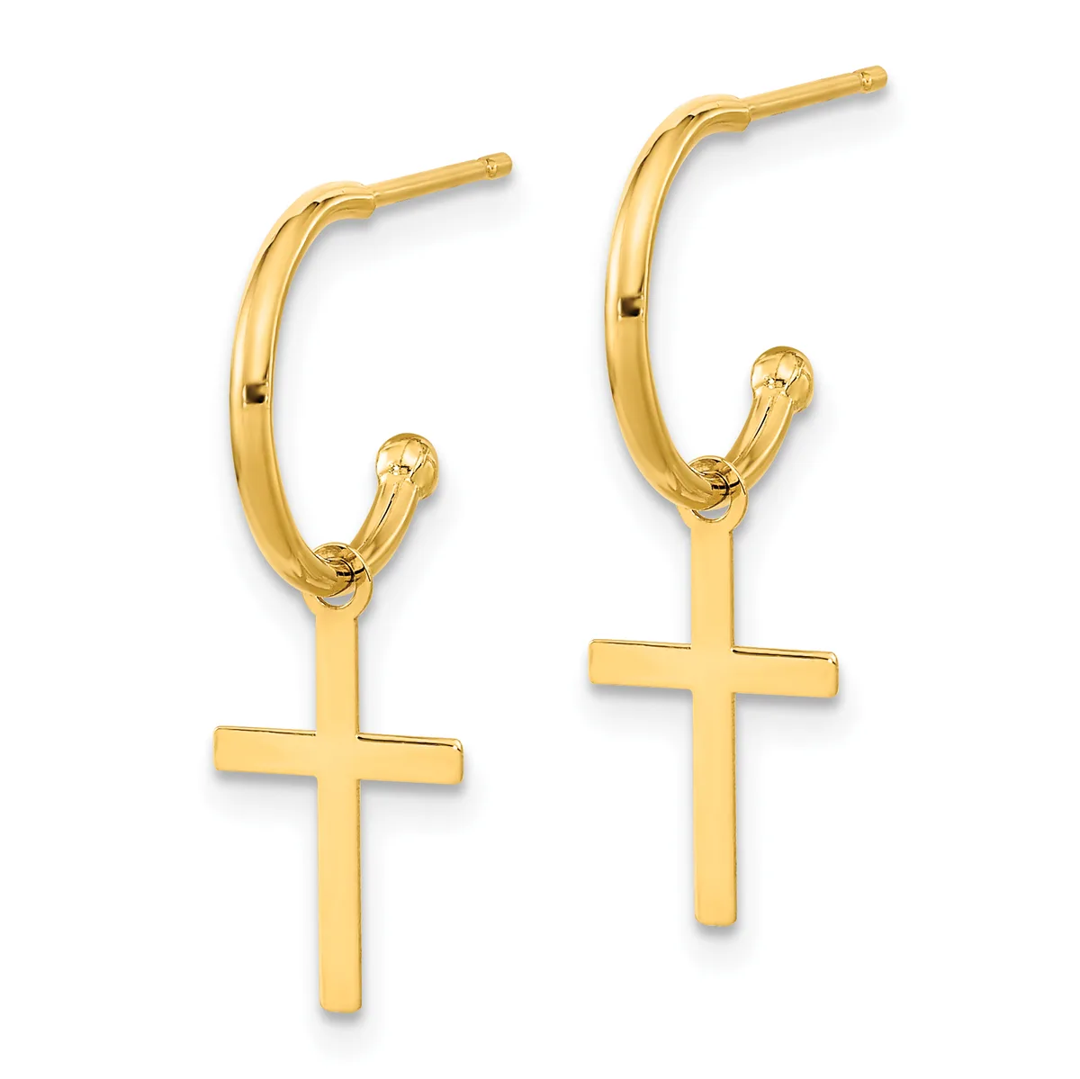 Pair of gold hoop earrings with cross charms hanging from the bottom, shown against a white background.