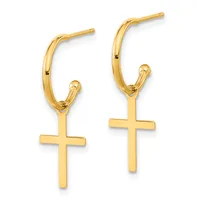 Pair of gold hoop earrings with cross charms hanging from the bottom, shown against a white background.