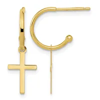 Pair of gold hoop earrings with dangling cross charms, shown from front and side views.