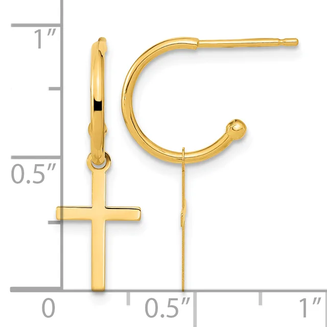 Gold hoop earrings with cross charms hanging below, displayed next to a ruler showing approximately one inch in height.
