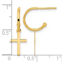 Gold hoop earrings with cross charms hanging below, displayed next to a ruler showing approximately one inch in height.