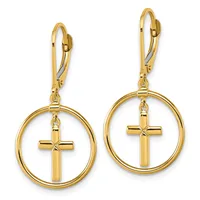 Pair of gold-toned leverback earrings featuring circular frames with small cross pendants hanging inside, displayed against a white background.