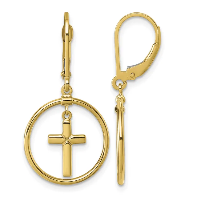Pair of gold-toned lever-back earrings, each featuring a circular ring with a cross pendant suspended inside.