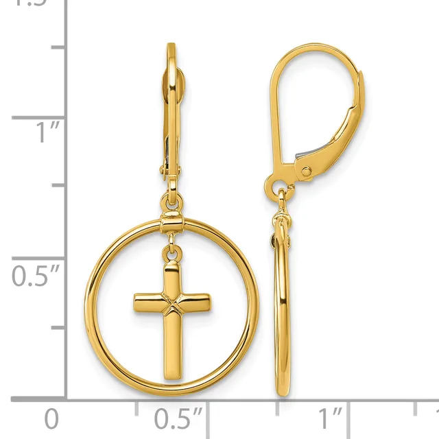 Gold-colored lever back earrings featuring circular frames with cross pendants hanging inside, displayed against a measurement scale.