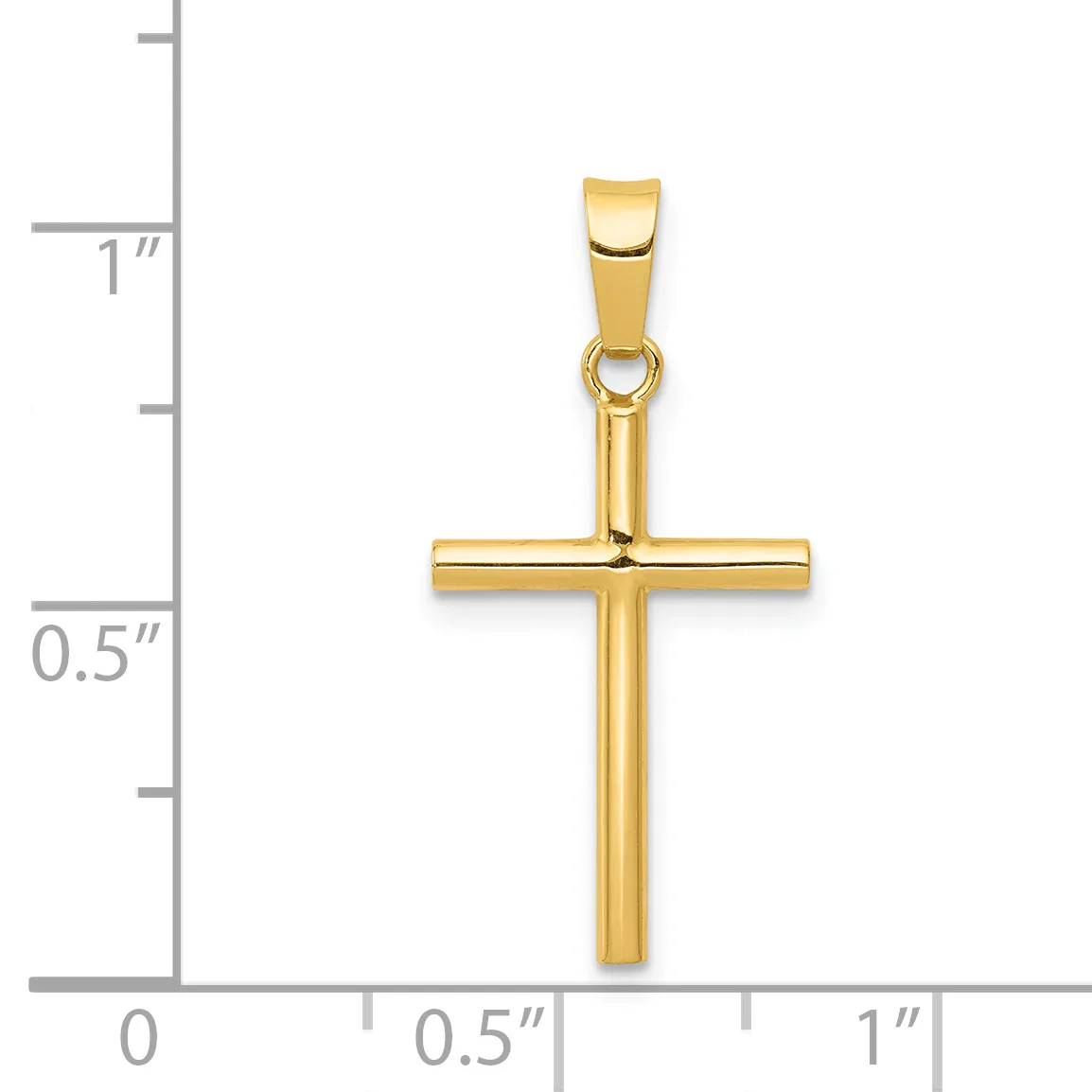 A polished gold cross pendant with a rectangular bail at the top, displayed next to a ruler showing it measures approximately one inch tall and half an inch wide.