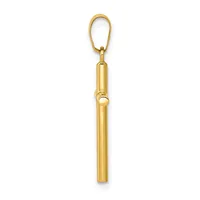 A polished gold cylindrical pendant with a small circular opening near the center, suspended from a gold loop.