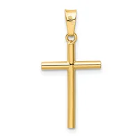 A polished gold cross pendant with a rectangular bail at the top, shown against a white background.