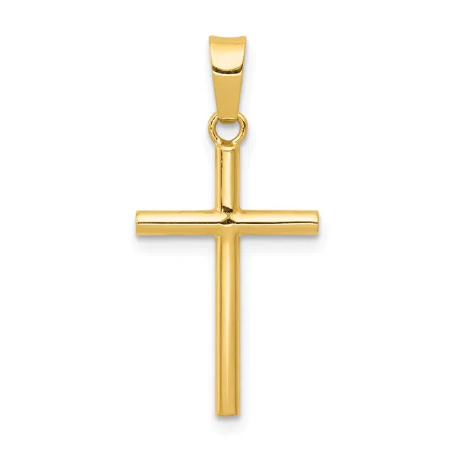 A polished gold cross pendant with a rectangular bail attachment at the top, shown against a white background.
