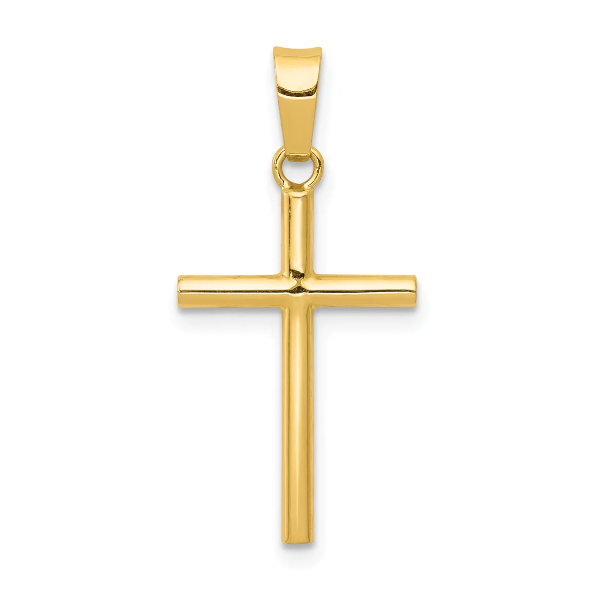 A polished gold cross pendant with a rectangular bail attachment at the top, shown against a white background.