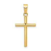 A polished gold cross pendant with a rectangular bail attachment at the top, shown against a white background.