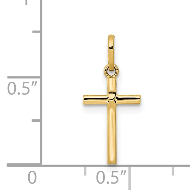A polished gold cross pendant with a looped bail, shown next to a ruler indicating its size is approximately half an inch wide and one inch tall.