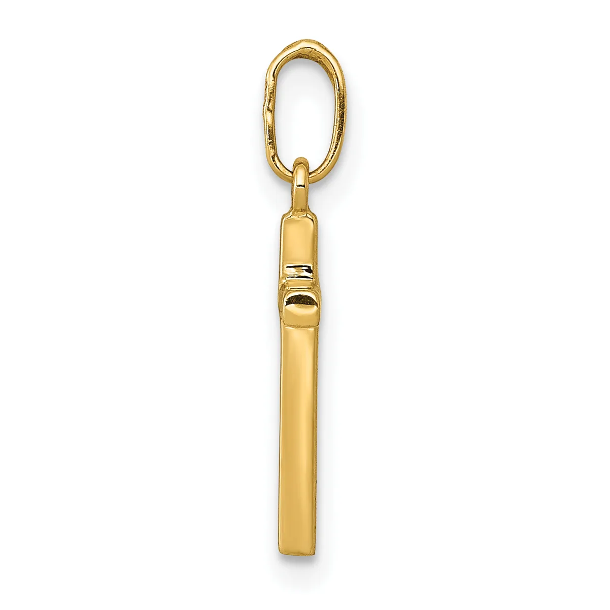 A gold-toned cylindrical whistle pendant with a polished finish, suspended from an oval link chain.