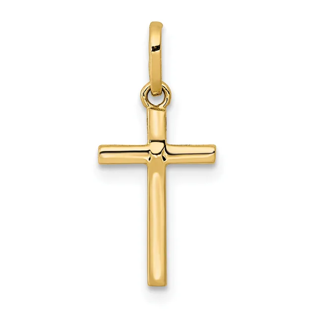 A polished gold cross pendant with a tubular design and a small loop at the top for attachment to a chain.