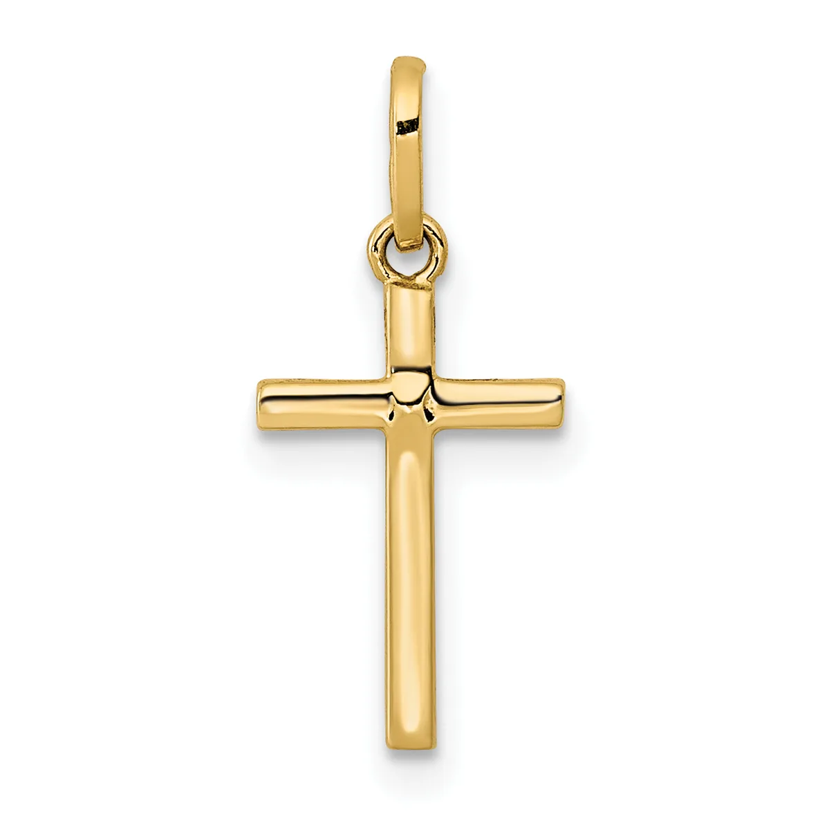 A polished gold cross pendant with a tubular design and a small loop at the top for attachment to a chain.