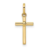 A polished gold cross pendant with a tubular design and a small loop at the top for attachment to a chain.