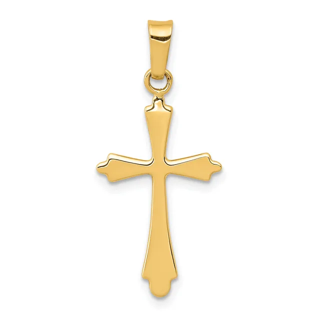 A polished gold cross pendant with flared ends on each arm, suspended from a rectangular bail with a small attached ring.