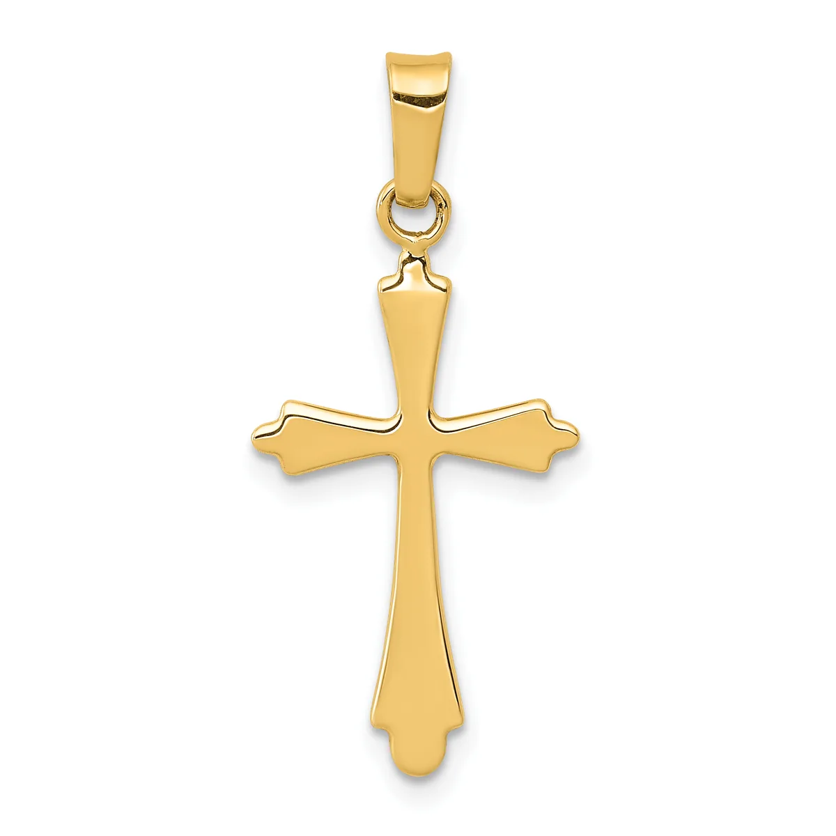 A polished gold cross pendant with flared ends on each arm, suspended from a rectangular bail with a small attached ring.