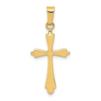 A polished gold cross pendant with flared ends on each arm, suspended from a rectangular bail with a small attached ring.