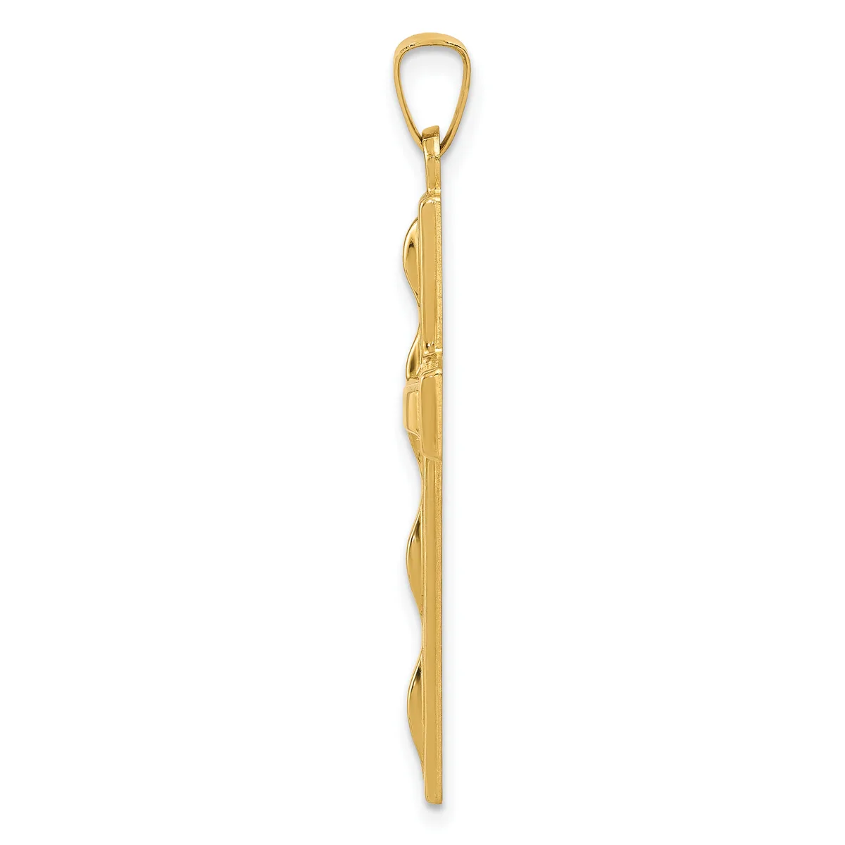Gold-toned leaf-shaped pendant with textured surface hanging from a teardrop bail, shown against a white background.