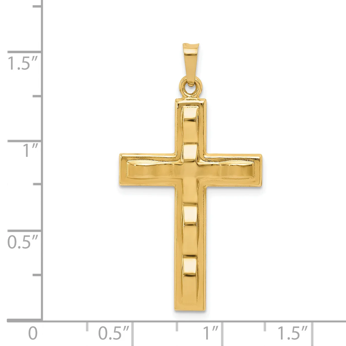 A gold cross pendant with a textured rectangular pattern down the center, shown against a measurement scale indicating approximately 1.25 inches in height.