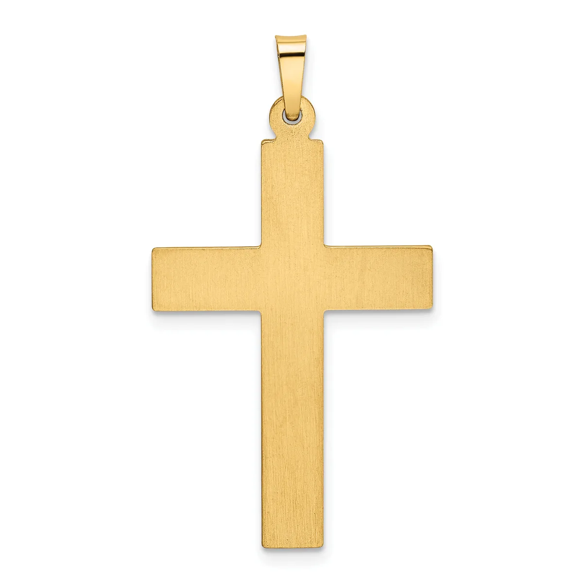 A gold cross pendant with a brushed finish and a small loop at the top for hanging on a chain.