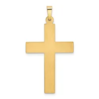 A gold cross pendant with a brushed finish and a small loop at the top for hanging on a chain.