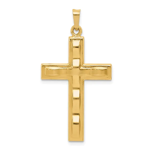 A polished gold cross pendant with rectangular cutouts along the vertical bar and a small loop attachment at the top.