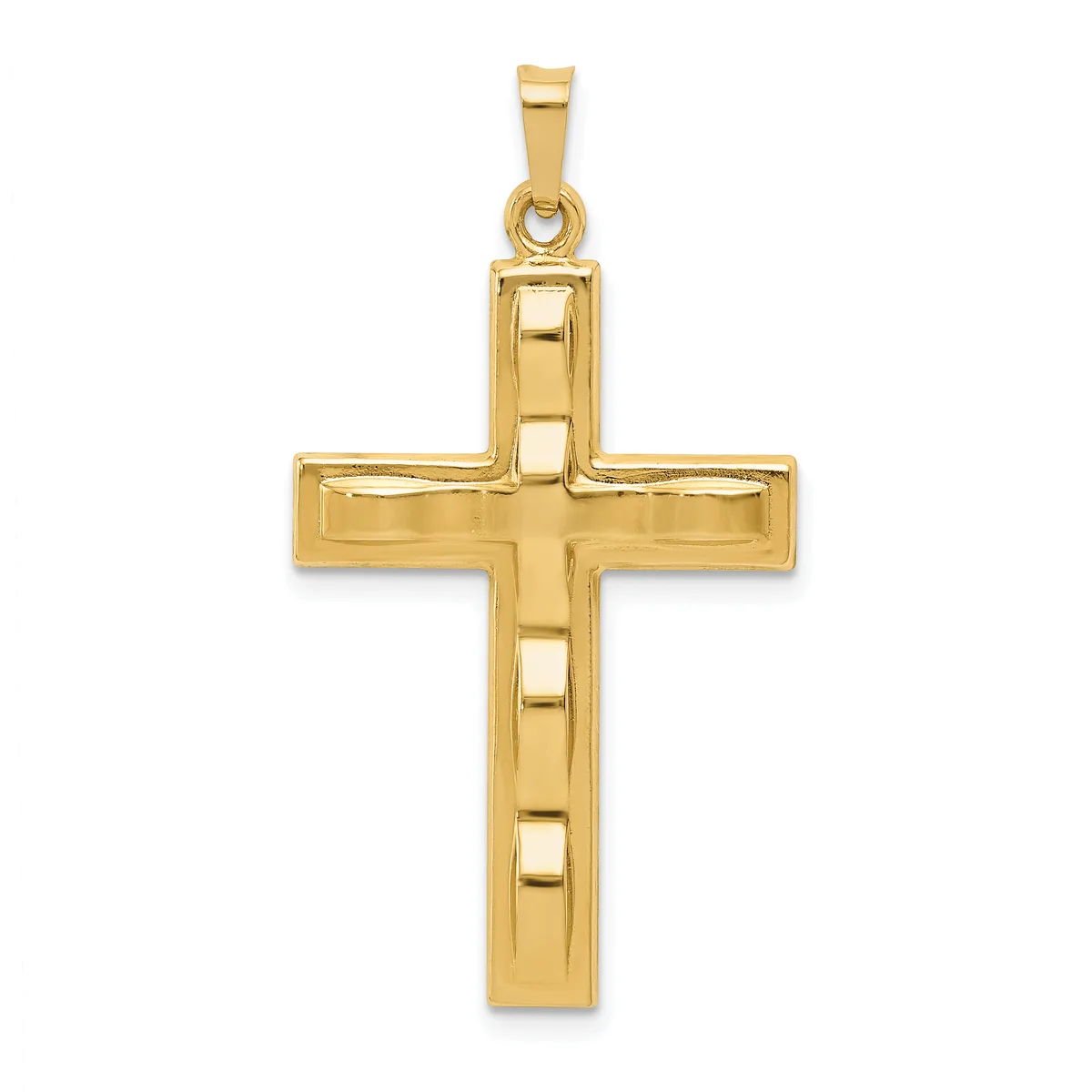 A polished gold cross pendant with rectangular cutouts along the vertical bar and a small loop attachment at the top.