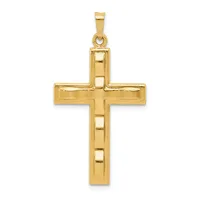 A polished gold cross pendant with rectangular cutouts along the vertical bar and a small loop attachment at the top.