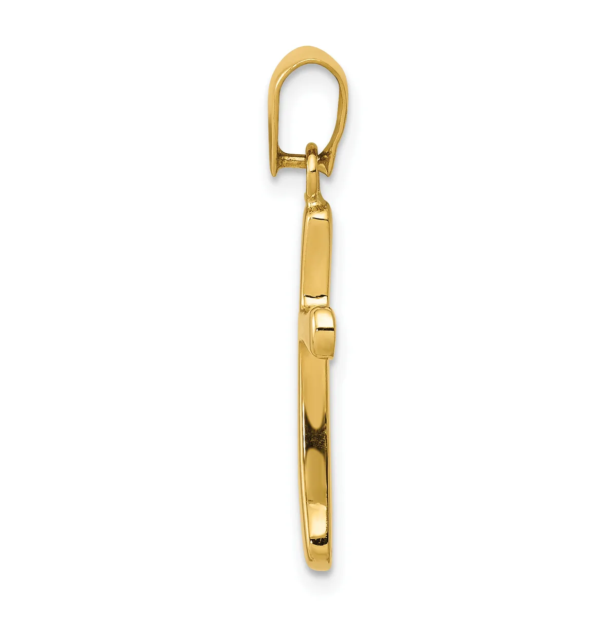 A polished gold-toned metal pendant with a rectangular body and a looped bail at the top, shown hanging against a white background.