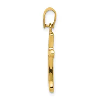 A polished gold-toned metal pendant with a rectangular body and a looped bail at the top, shown hanging against a white background.