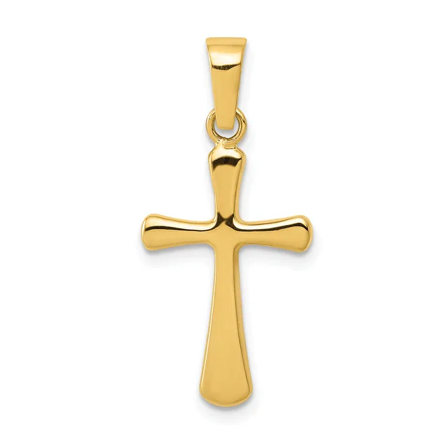 A polished gold cross pendant with rounded ends on the arms and a tapered shaft, suspended from a matching bail.